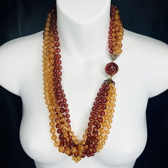 Vintage Chunky Amber Yellow Lucite Multi Strand Beaded Necklace Dome Box Clasp - Picture 3 of 16